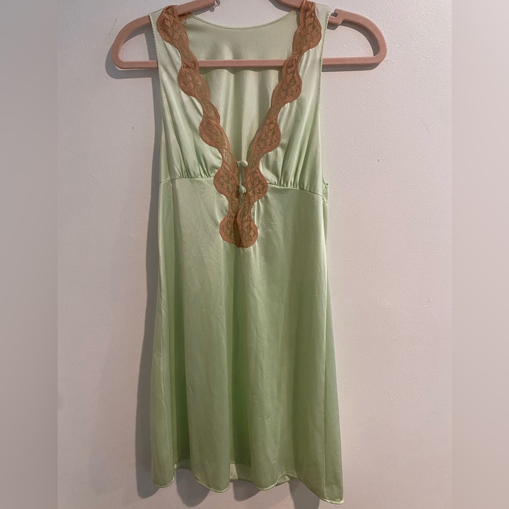 Vintage Lorraine Sage Green Slip Dress with Lace Trim Sz X-small